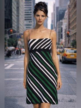 Cache Black, White Green Striped Spaghetti-Strap Mini Dress Size 8 90s friends
